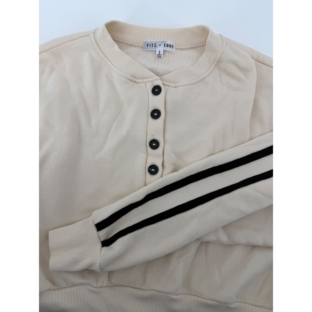 Fitz + Eddi Cream Henley Sweatshirt Small Cropped Striped Sleeve Fleece Pullover